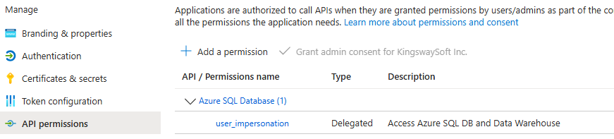 Azure API permissions configuration showing user_impersonation delegated access to Azure SQL DB and Data Warehouse.